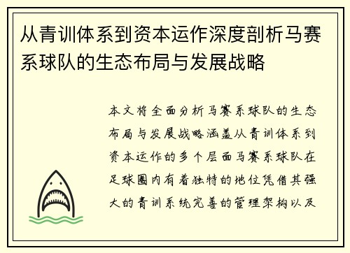 从青训体系到资本运作深度剖析马赛系球队的生态布局与发展战略