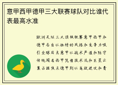意甲西甲德甲三大联赛球队对比谁代表最高水准