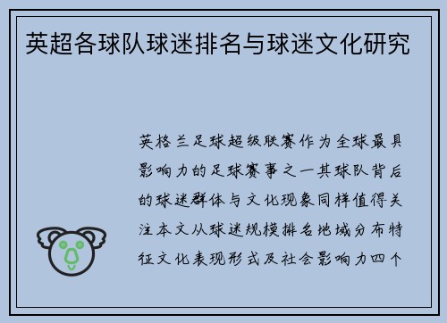 英超各球队球迷排名与球迷文化研究