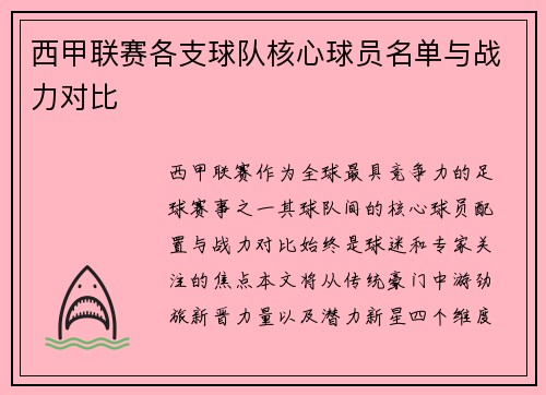 西甲联赛各支球队核心球员名单与战力对比